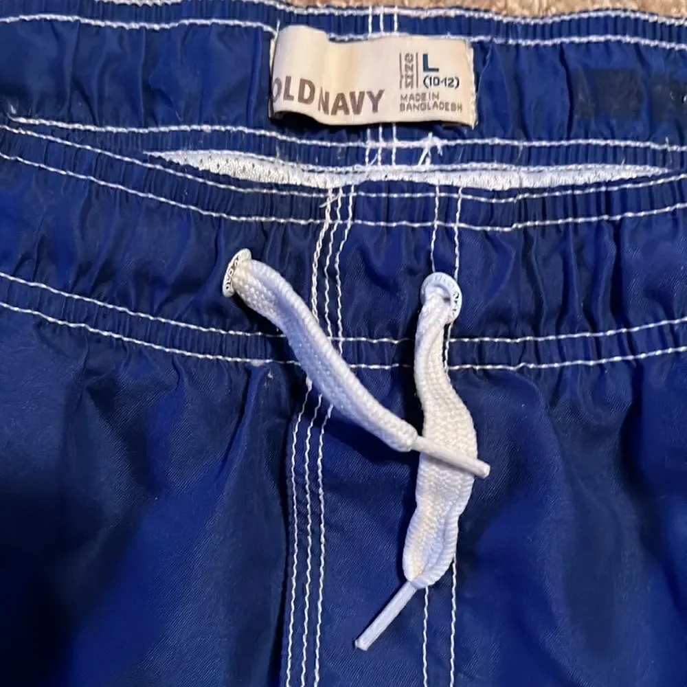 Old Navy Boys Large 10-12 Dark Royal Blue Green White Side Stripe Swim Trunks